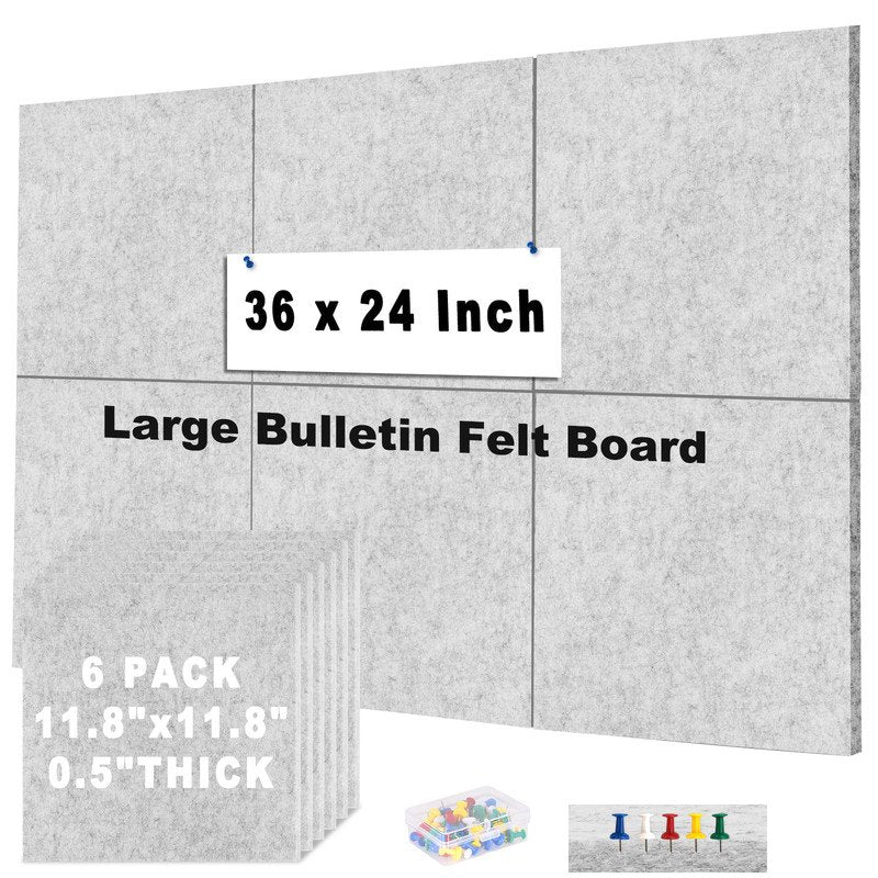 Felt Cork Board Tiles for Walls - Acoustic & Bulletin Boards - Pack of 6