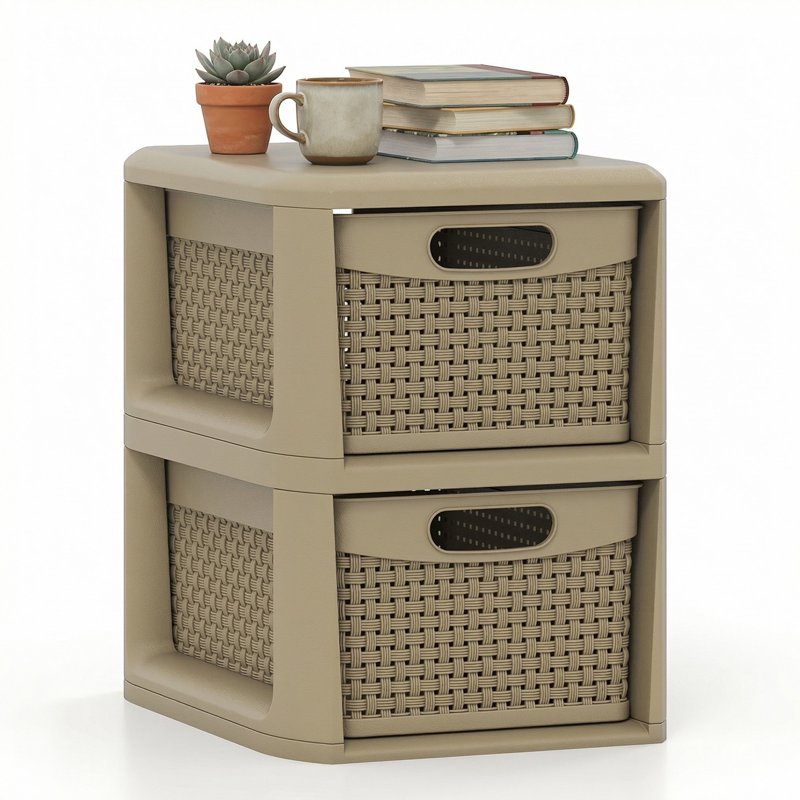2-Drawer Storage Cabinet with Wicker Pattern Handles for Bedroom Bathroom - Compact Organizer