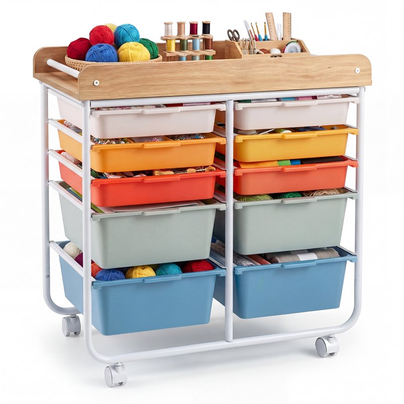 10-Drawer Rolling Storage Cart with Wooden Top and Lockable Wheels - Art & Craft Organizer