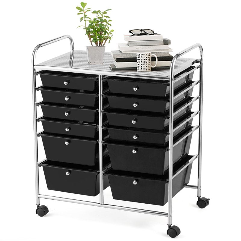 12-Drawer Rolling Storage Cart with Lockable Wheels - Black Metal Organizer