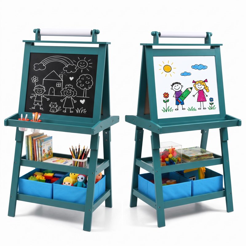 3-in-1 Kids Wooden Art Easel with Whiteboard & Chalkboard - Blue