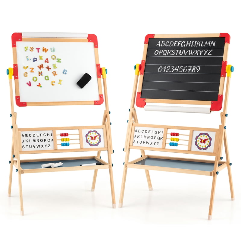 Kids Wooden Art Easel with Double Sided Chalkboard & Whiteboard, Paper Roll & Storage Tray