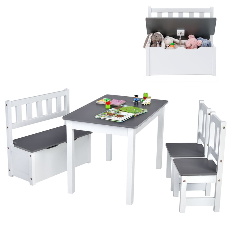 Kids Wooden Activity Table & Chairs Set with Storage Bench - Gray