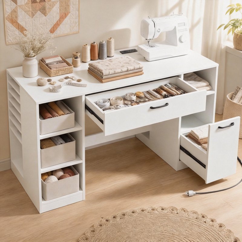 53-Inch Sewing Table with Power Outlets, Storage Drawers & Removable Shelves - White
