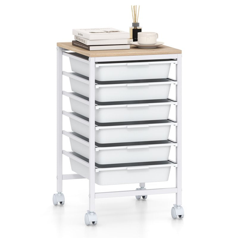 6-Drawer Rolling Storage Cart with Wooden Top and Lockable Wheels for Office or Home Organization