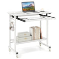 Mobile Laptop Desk with Keyboard Tray & Hooks, Lower Shelf, Wheels, White