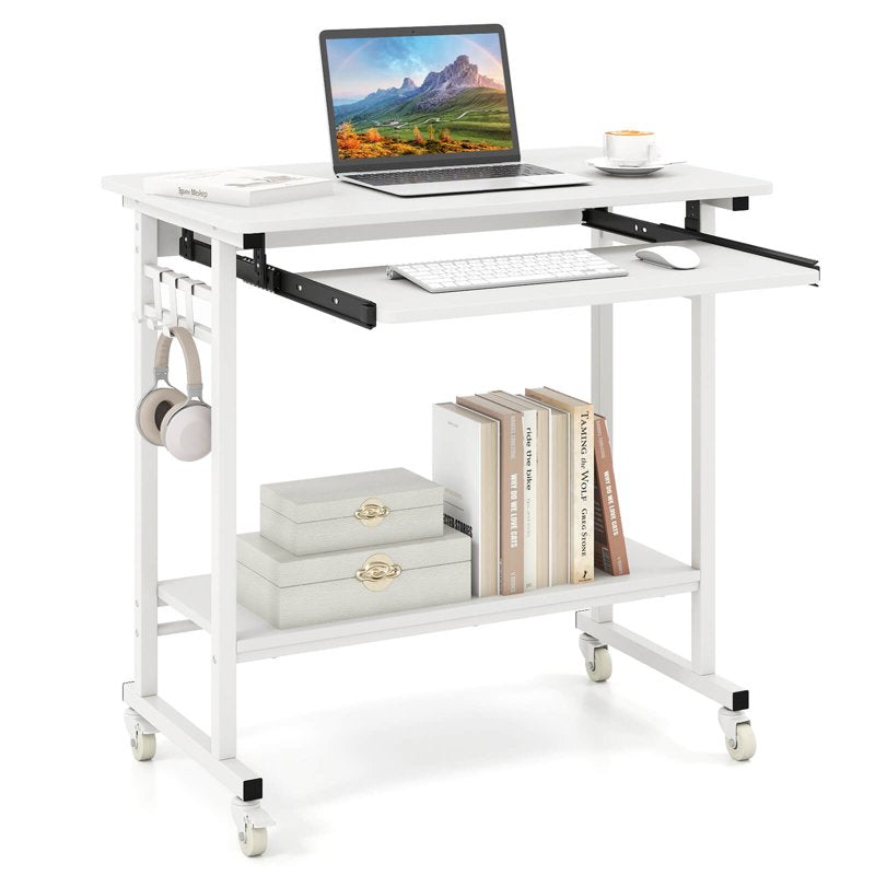 Mobile Laptop Desk with Keyboard Tray & Hooks, Lower Shelf, Wheels, White