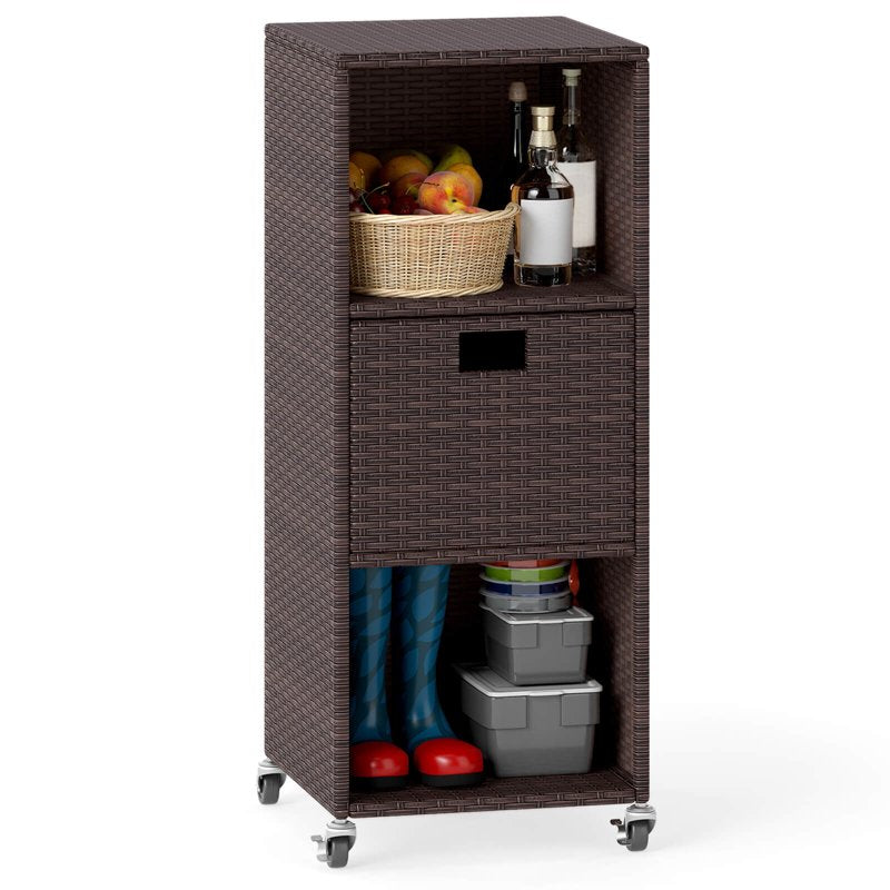 Outdoor Storage Cabinet with Shelves, Drawer & Wheels for Porch Garden