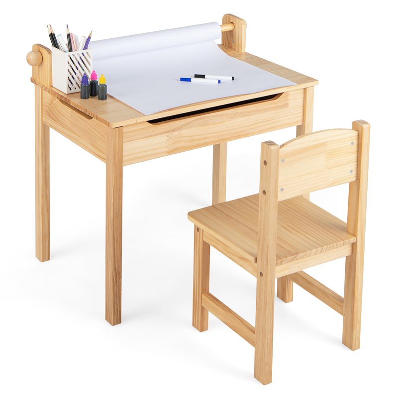 Kids Activity Table with Chair, Paper Roll Holder & Storage - Toddler Furniture