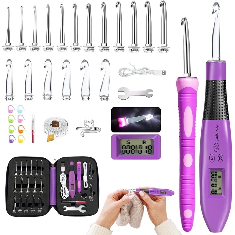 Crochet Hook Set with Digital Stitch Counter LED Light Ergonomic Knitting Kit
