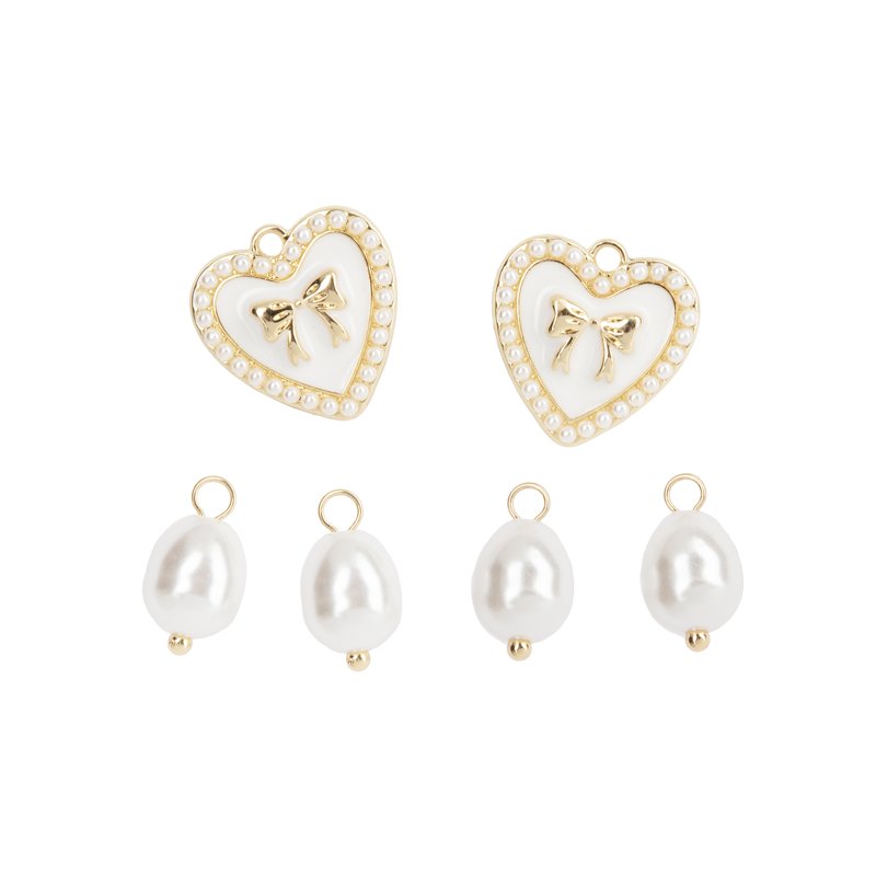 Gold Heart and Pearl Dangle Charms Set for Jewelry Making - Unisex 6 Pieces
