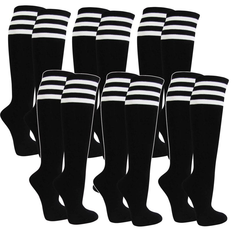 Knee High Cotton Socks with Stripes - Bulk Pack of 6 Pairs, Casual & Fashionable