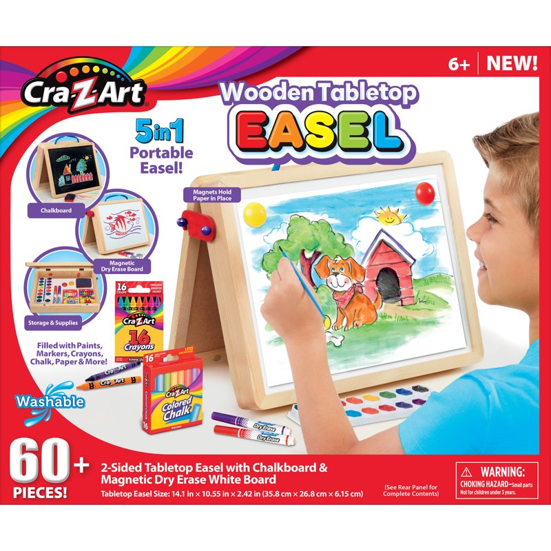 Portable Wooden Art Easel with Chalkboard & Dry Erase Board — 60+ Art Supplies, Kids Age 6+