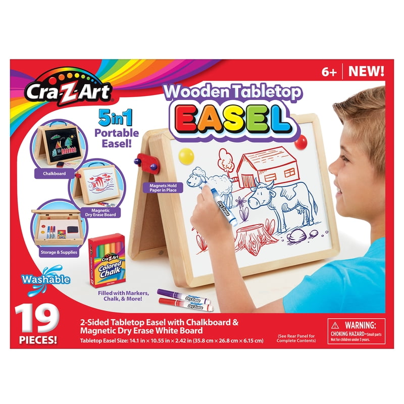 Portable Wooden Art Easel with Chalkboard and Dry Erase Board for Kids