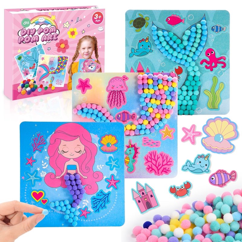 Kids Craft Kits for Girls Ages 3-6 DIY Mermaid & Unicorn Pom Pom Art Set