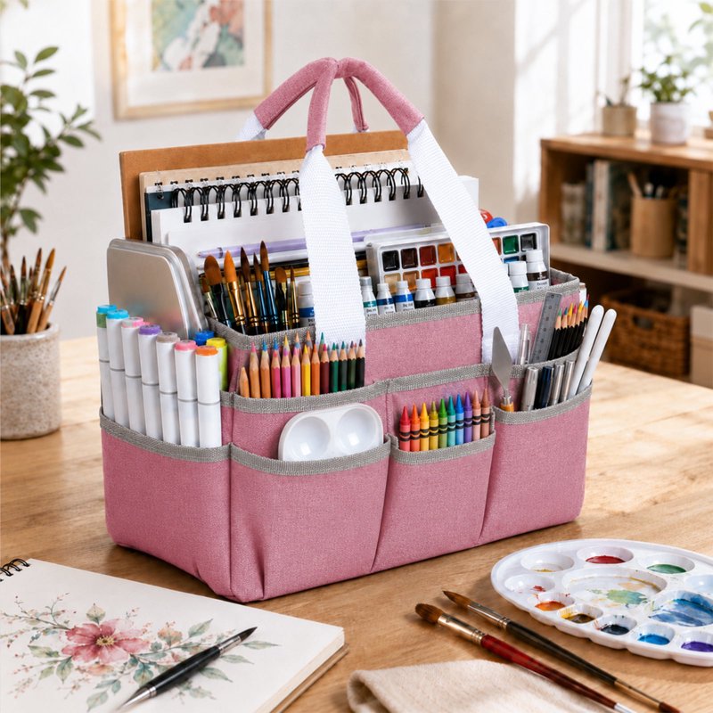 Portable Craft Organizer Tote Bag with Multiple Pockets for Art Supplies