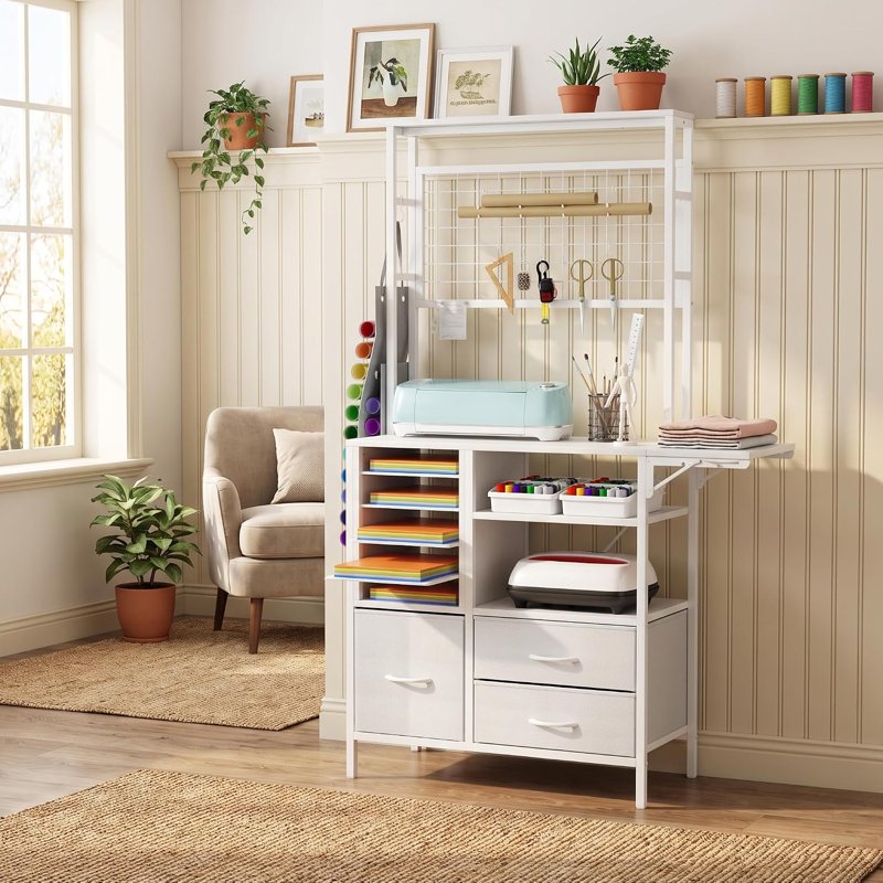 L-Shaped Craft Storage Cabinet with Fold-Out Workbench & Vinyl Holders