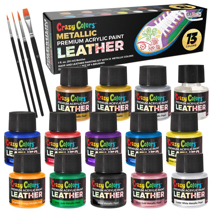 Leather & Shoe Paint Kit with Metallic Pearl Colors, Brush Set & Deglazer - Custom Shoe & Leather Art