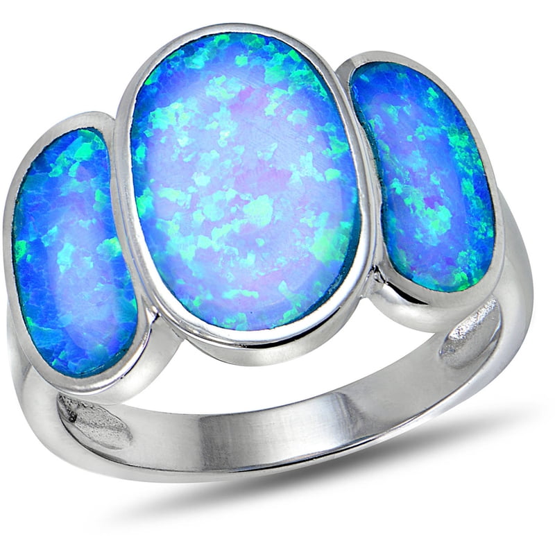 Blue Opal Sterling Silver Triple Oval Ring - Fashion Jewelry