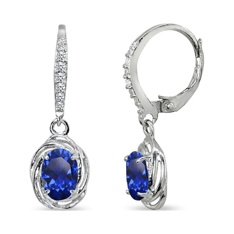 Sterling Silver Love Knot Dangle Earrings with Blue Sapphire CZ