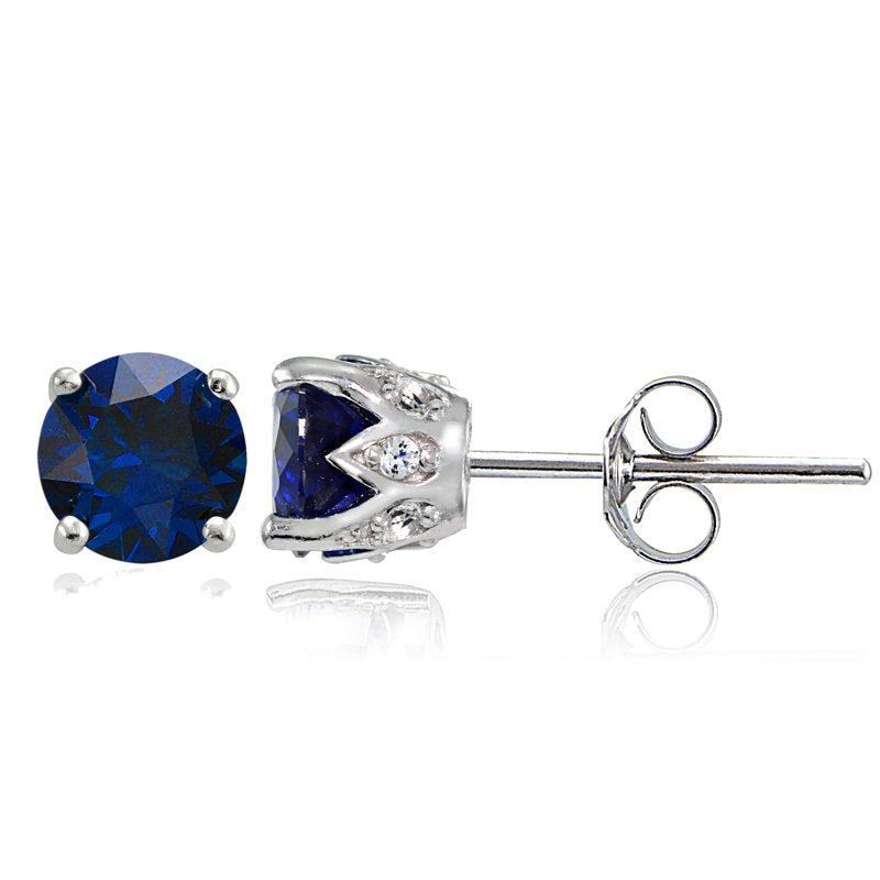 Blue Sapphire and White Topaz Sterling Silver Crown Stud Earrings – Birthstone Jewelry for Women & Teens