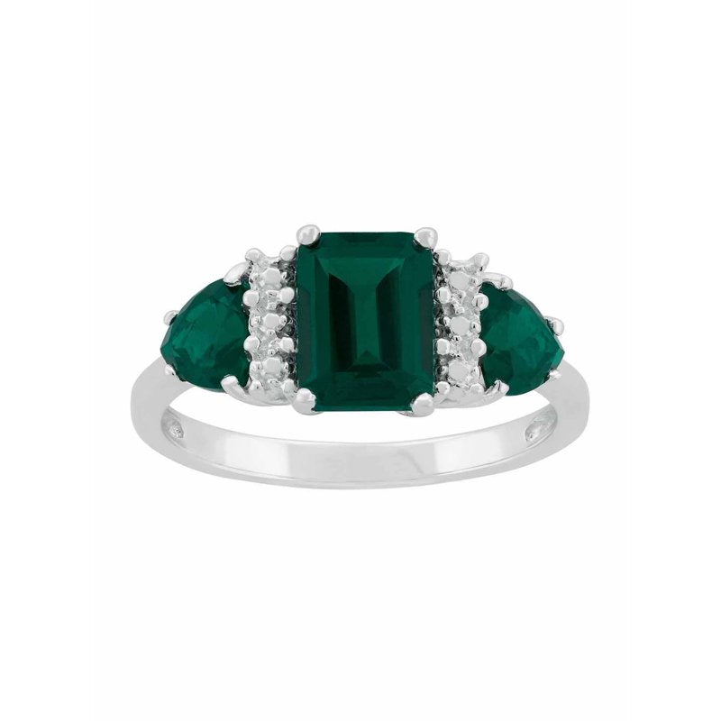 Sterling Silver Three-Stone Ring with Emerald-Cut Center and Trillion Side Stones