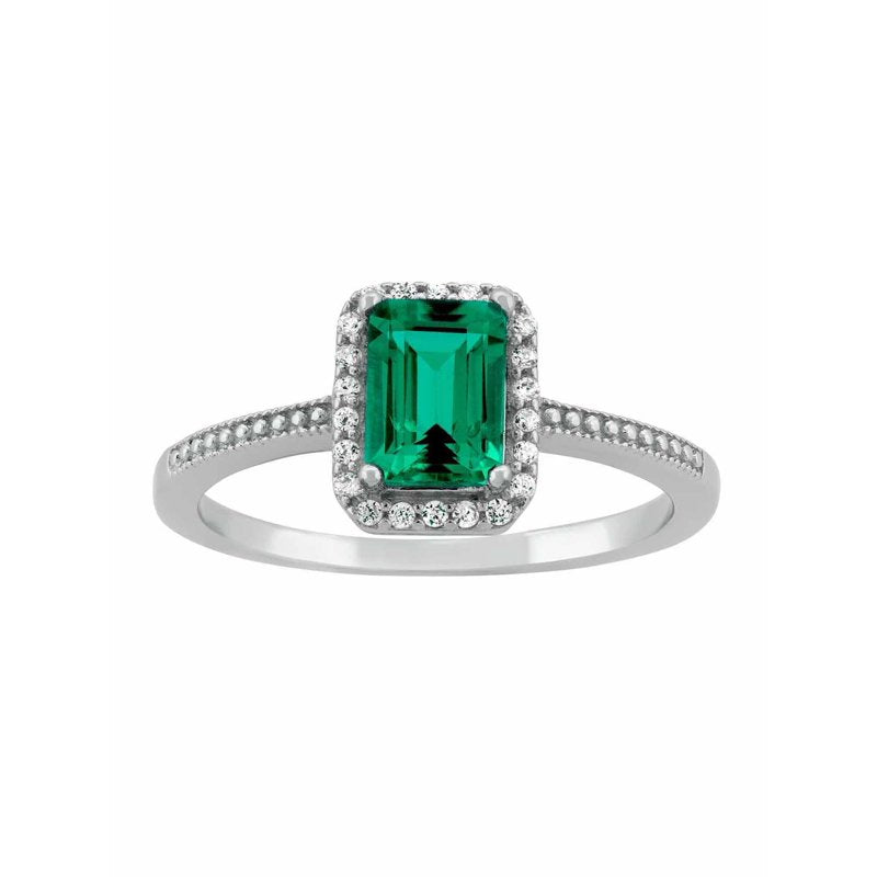 Sterling Silver Emerald Cut Halo Ring with CZ Accent - Multiple Sizes