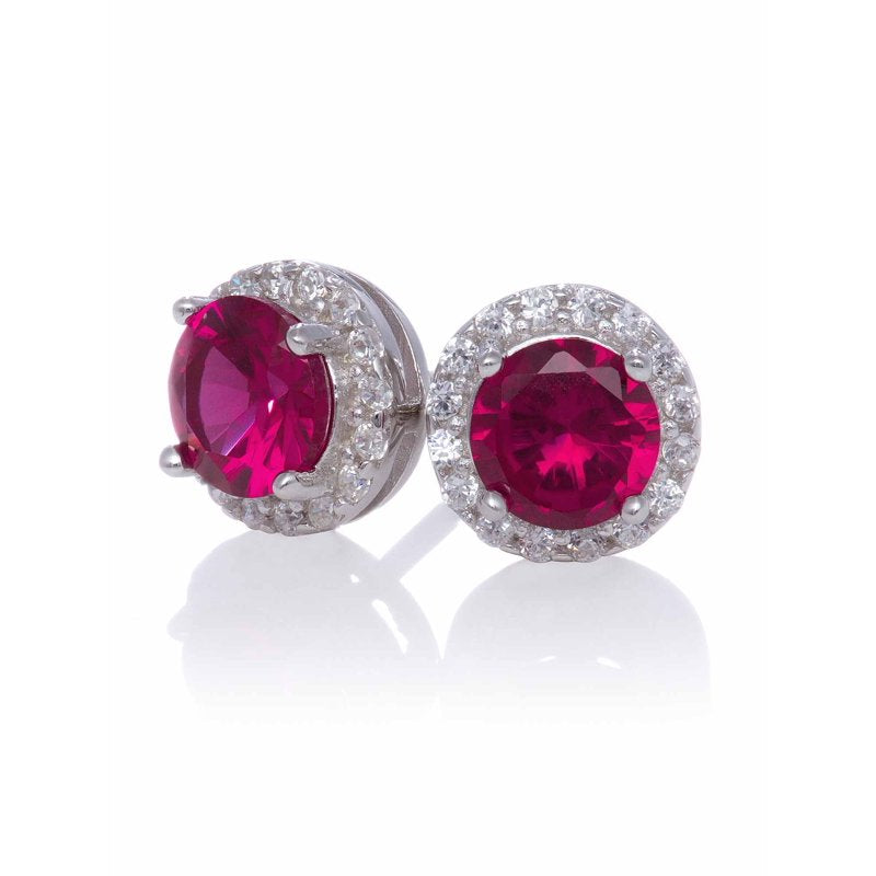 Created Ruby Stud Earrings with White Sapphire Halo Sterling Silver