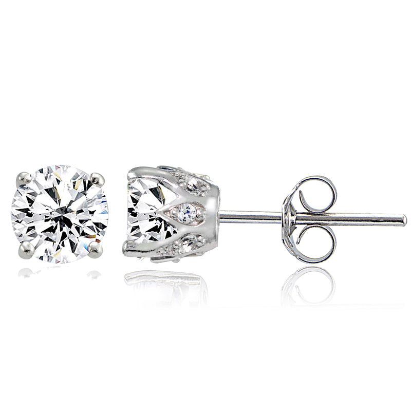 Sterling Silver Crown Stud Earrings with Created White Sapphire - Birthstone Jewelry for Women & Teens