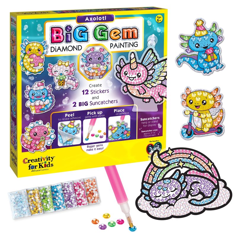 Kids Diamond Painting Craft Kit with Axolotl Suncatchers & Stickers - Creative Arts & Crafts for Ages 6-8+