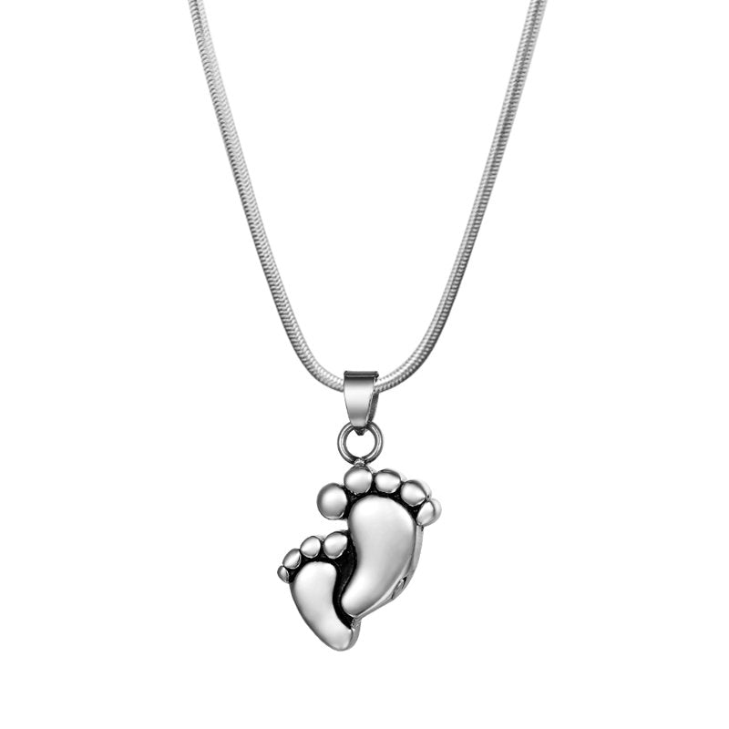 Cremation Jewelry for Ashes Memorial Necklace with Baby Footprint Keepsake - Stainless Steel Urn Pendant, Free Funnel & Velvet Box