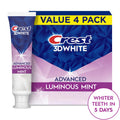 Whitening Toothpaste - Crest 3D White Advanced Luminous Mint, Enamel Safe, 4-Pack