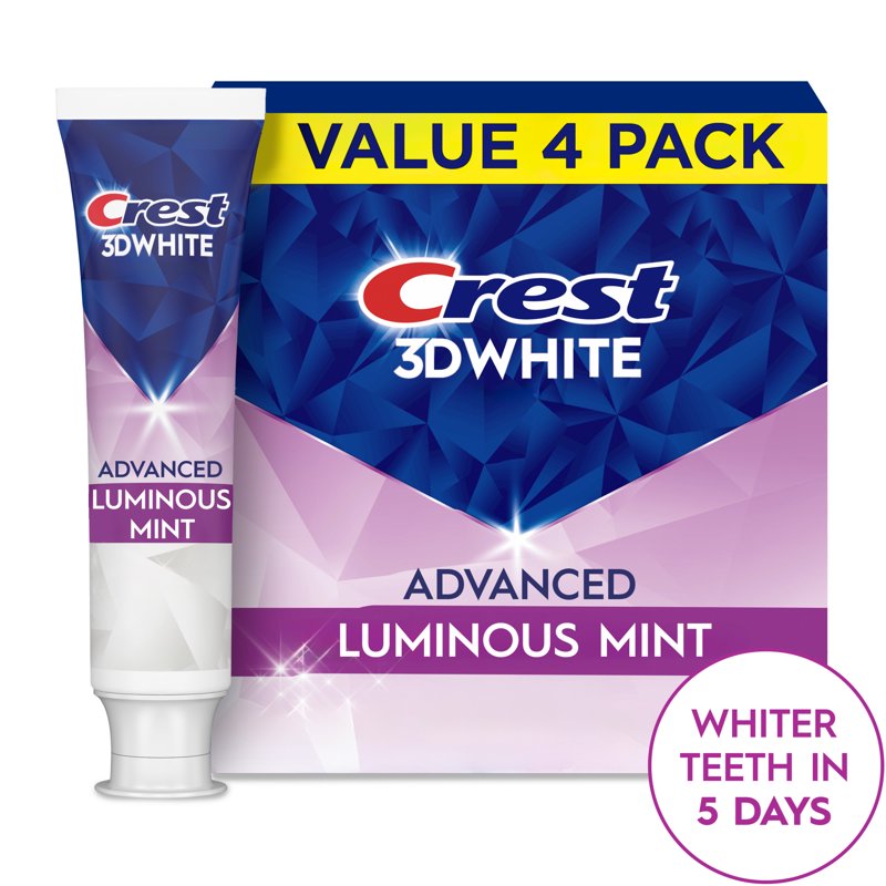 Whitening Toothpaste - Crest 3D White Advanced Luminous Mint, Enamel Safe, 4-Pack