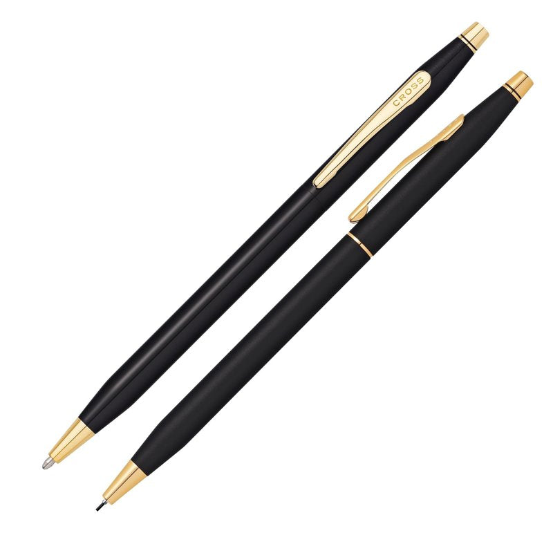 Refillable Ballpoint Pen & 0.7mm Pencil Set with Gold Accents - Classic Black