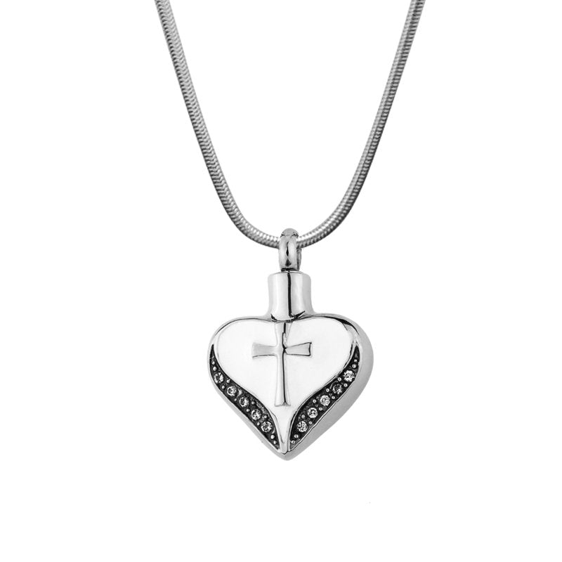 Cross on Heart Cremation Necklace with Keepsake Urn - Stainless Steel Memorial Jewelry