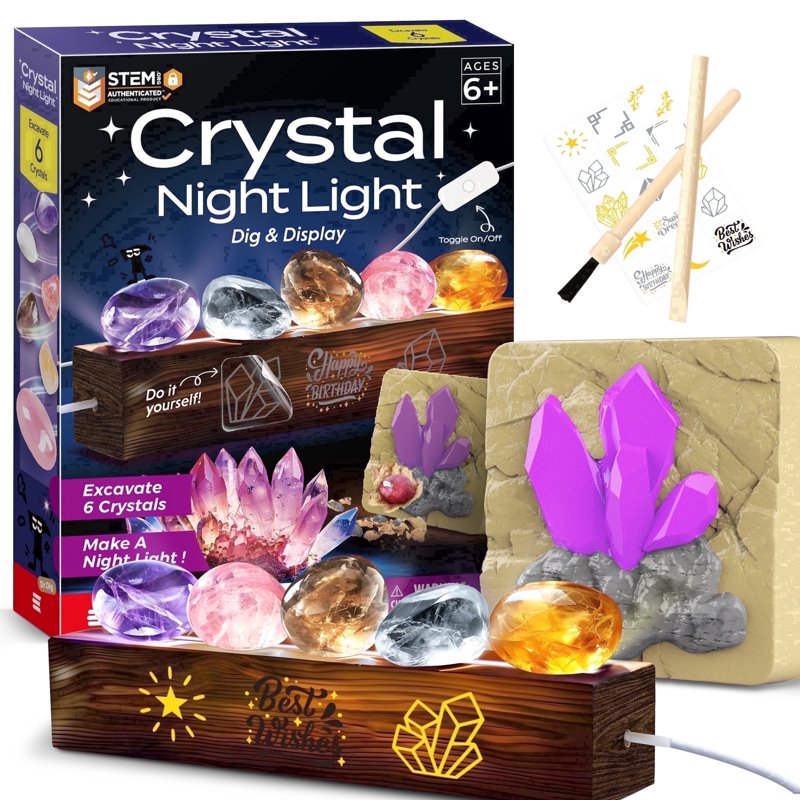 Kids Gemstone Dig Kit & Night Light Craft Set - Educational STEM Toy for Ages 6-12