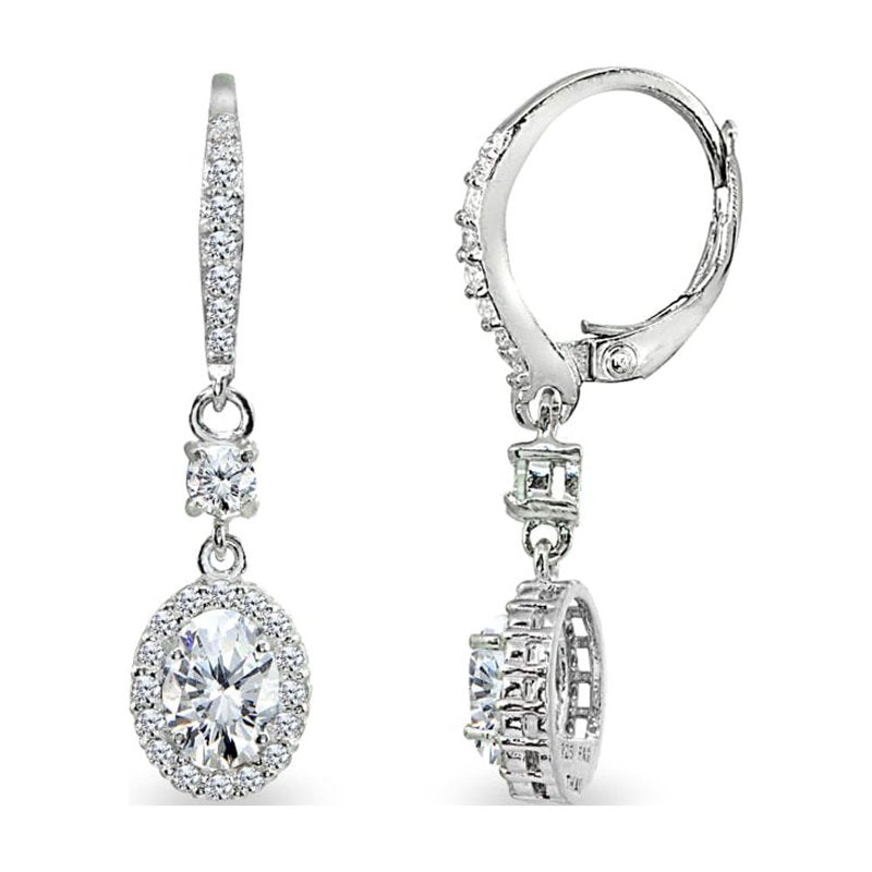 Sterling Silver Oval Halo Dangle Earrings with Cubic Zirconia