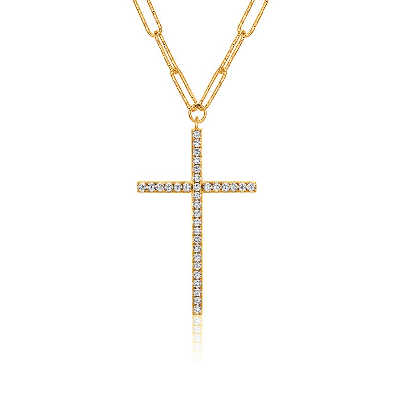 Gold & Silver Paperclip Necklace with Cubic Zirconia Cross - Gift for Her, 18" + 3" Extension