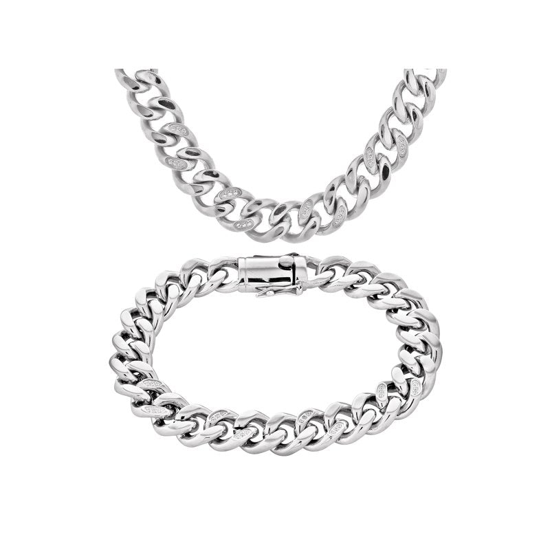 Stainless Steel Cubic Zirconia Necklace & Bracelet Set - Elegant Jewelry