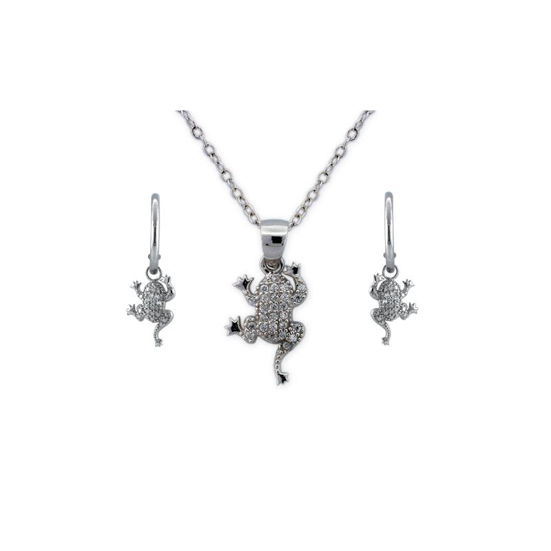 Sterling Silver Frog Earrings and Pendant Set with Cubic Zirconia