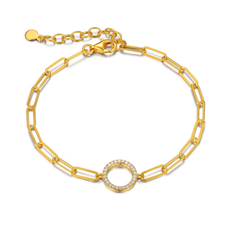 Gold Plated Paperclip Bracelet with Cubic Zirconia Circle for Women - Gift Ready