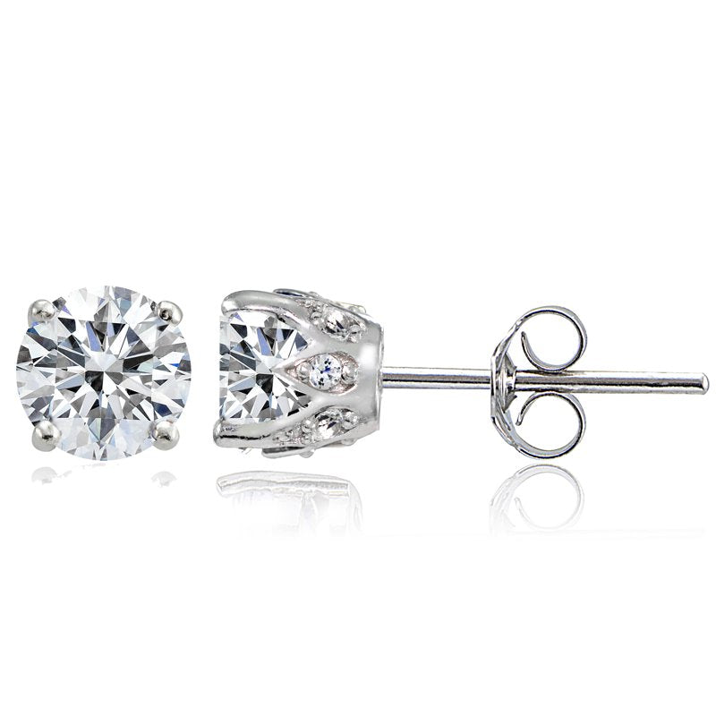 Sterling Silver Cubic Zirconia Crown Stud Earrings for Women and Teens