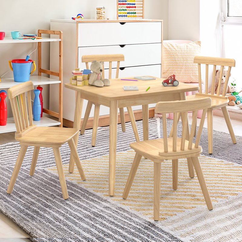 Kids Wooden Table and 4 Chairs Set - Natural Rubberwood Play Furniture with Non-Slip Legs