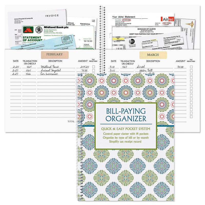 Spiral Bill Paying Organizer - 14 Pocket File Folder with Receipt Storage