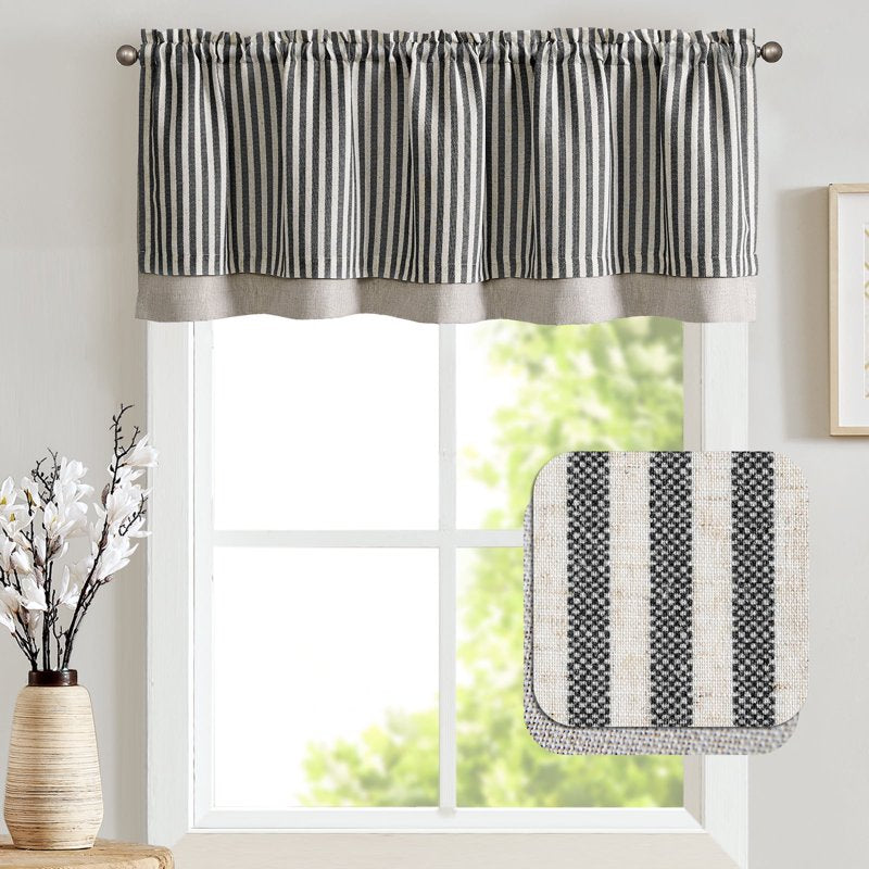 Blackout Kitchen Valance 50x18 Inch Double Layer Stripe Window Curtain - Rustic Home Decor