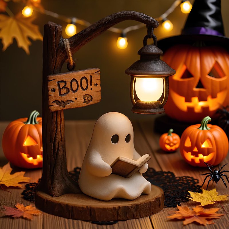 Cute Ghost Reading Book Lamp - 3D Resin Halloween Night Light Indoor Figurine