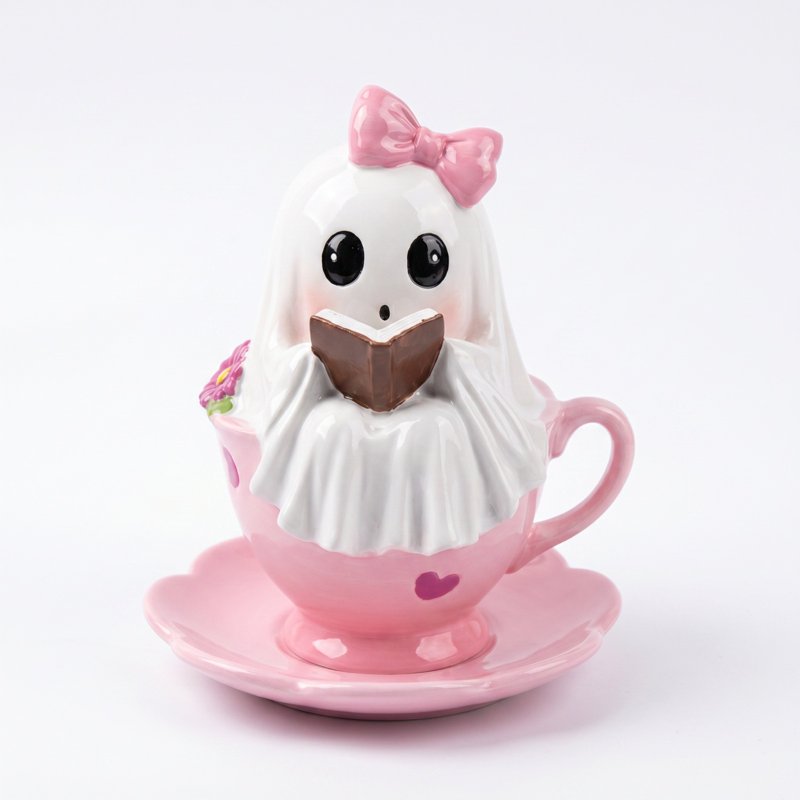 Halloween Ghost Figurine with Heart Floral Teacup - Halloween Table Decor, Small Resin Ornament