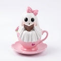Halloween Ghost Figurine with Heart Floral Teacup - Halloween Table Decor, Small Resin Ornament