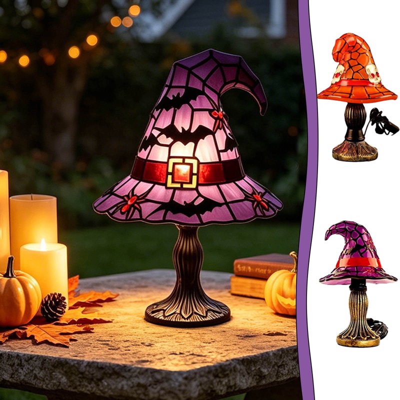 Halloween Witch Hat Stained Glass Lamp, Pumpkin Lantern Accent Light - Multiple Colors