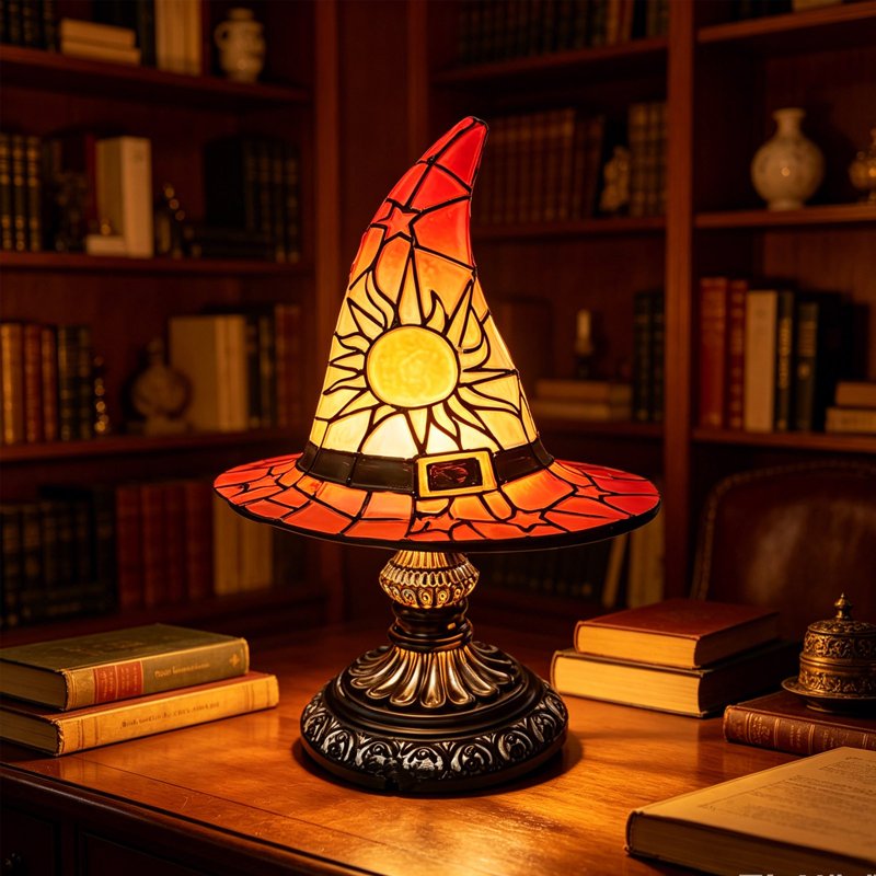 Halloween Witch Hat Stained Glass Lamp - Accent Table Decor, USB Powered, 18cm or 30cm Sizes